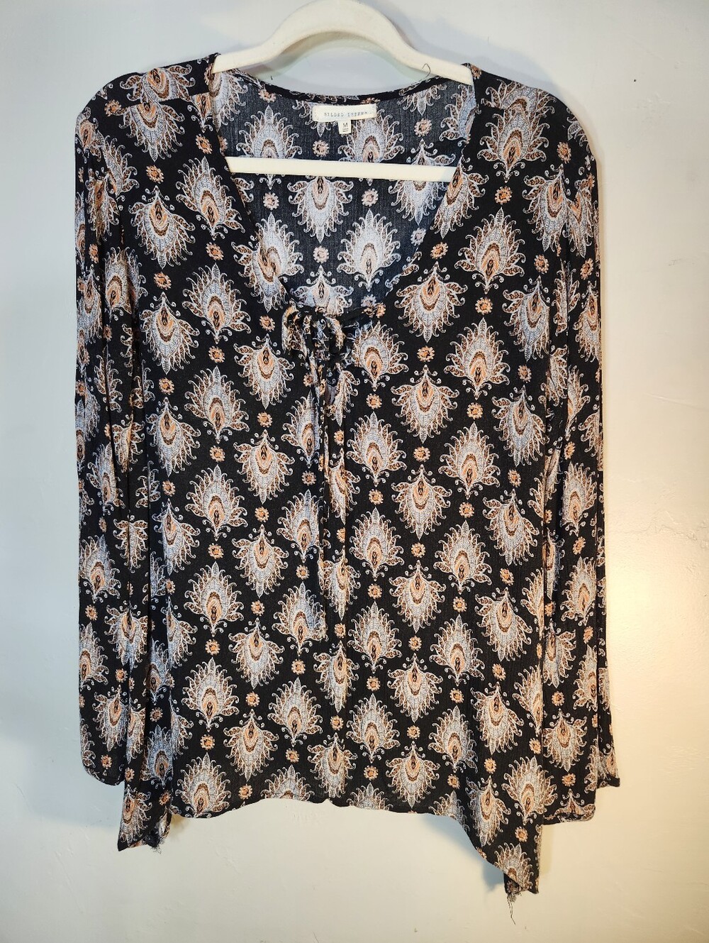 Gilded Intent Black Paisley Tie-Front Blouse with Cream & Tan Motif
